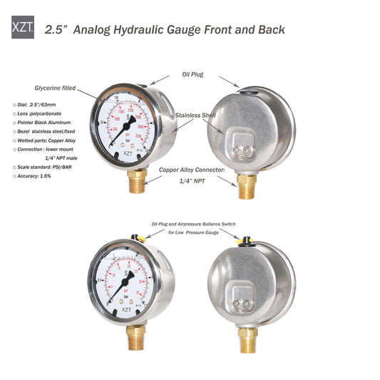 XZT 2.5" Analog Hydraulic Pressure Gauge,Pressure Manometer, Vacuum Pressure Gauge with 1/4 Inch NPT Connector ,Base Entry