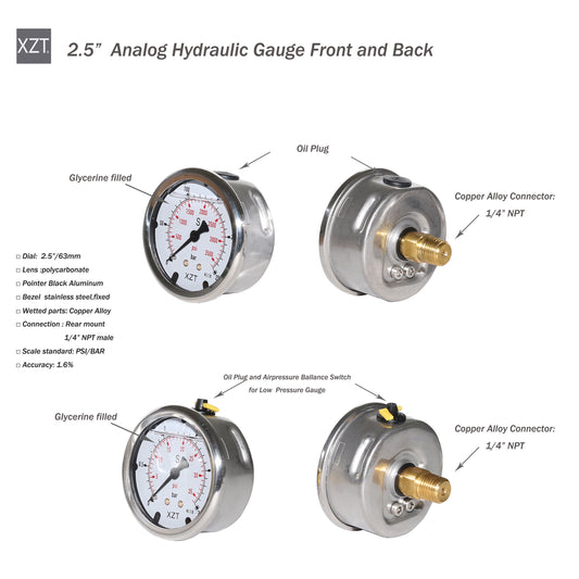 XZT 2.5" Rear Entry with 1/4“ NPT Connector, Analog Hydraulic Pressure Gauge,Pressure Manometer, Vacuum Pressure Gauge with 1/4 Inch NPT Connector