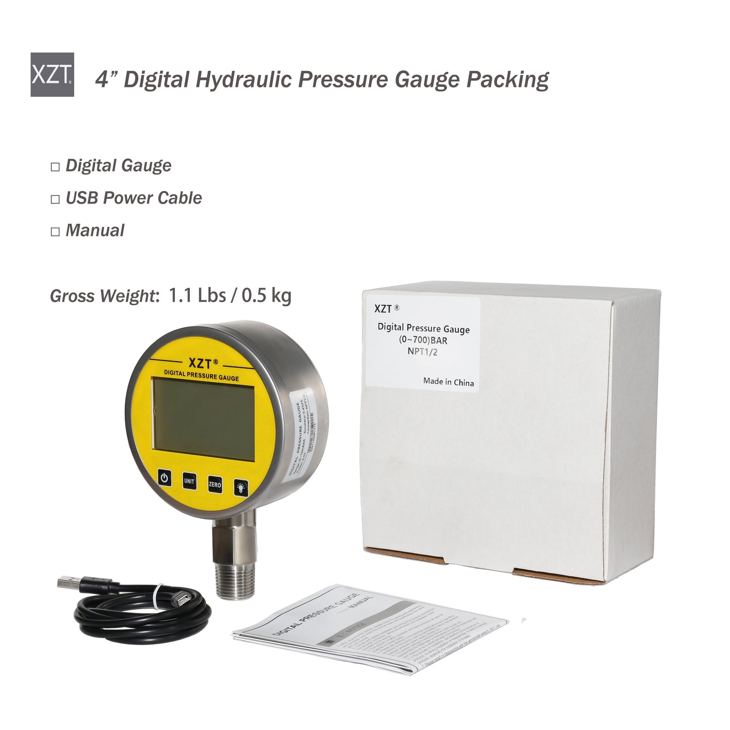 XZT 4" 0~700BAR/10000 PSI Digital Hydraulic Pressure Gauge with Black Protector,Pressure Manometer, Pressure Sensor Connector ,Base Entry