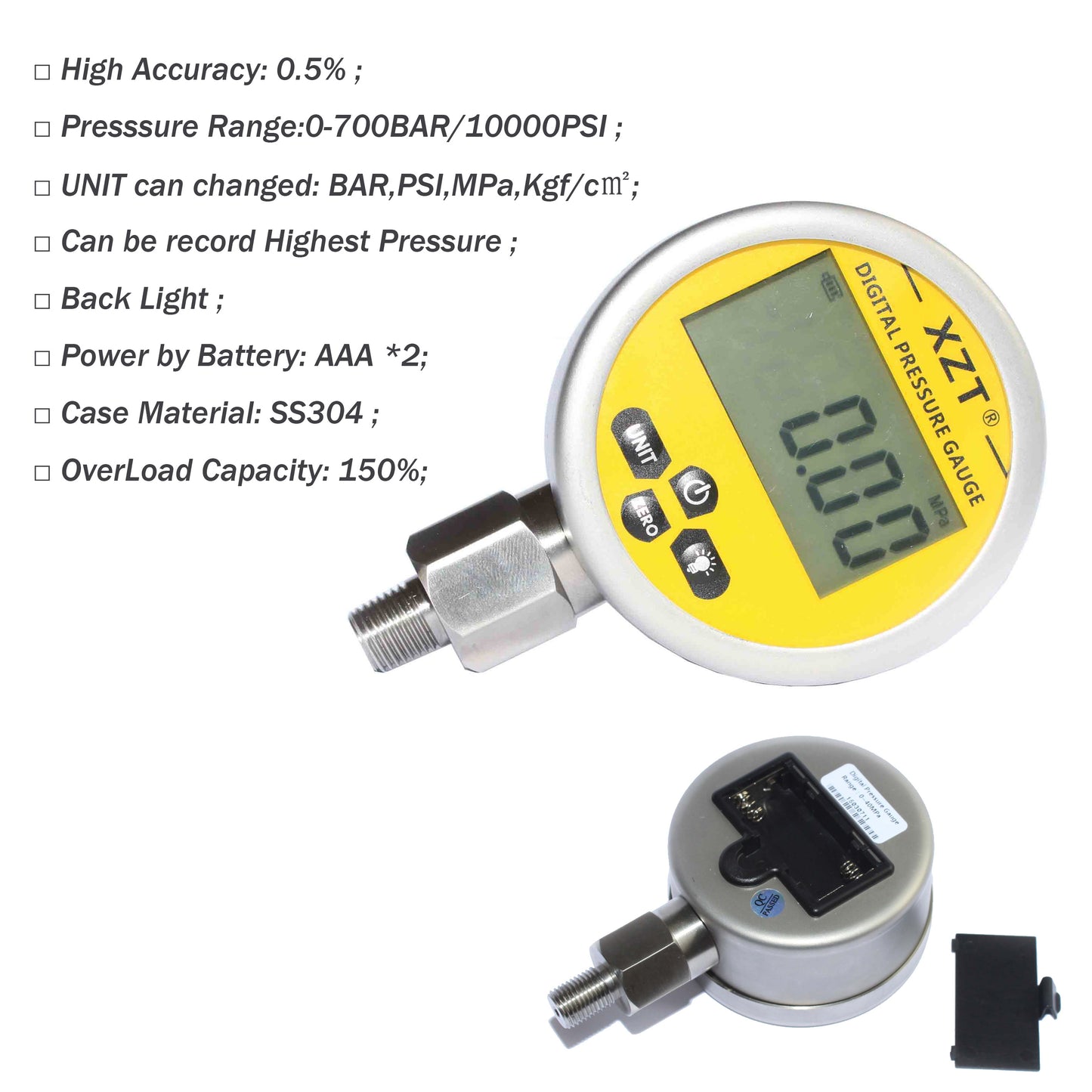 XZT 3.15" 0~700BAR/10000 PSI Digital Hydraulic Pressure Gauge with Black Protector,Pressure Manometer, Pressure Sensor Connector ,Base Entry