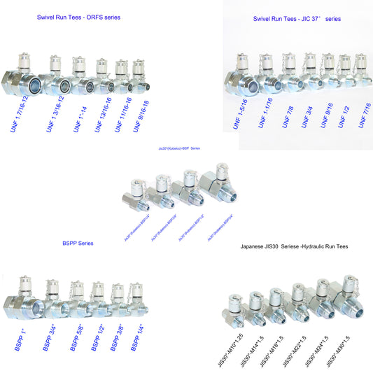 XZT ORFS JIC 37° BSPP DKO-24° JIS30°-metric Series,Hydraulic Swivel Run tees,hydrulic tee connector,Tester Coupling set for hydraulic system,Excavator Construction Machinery