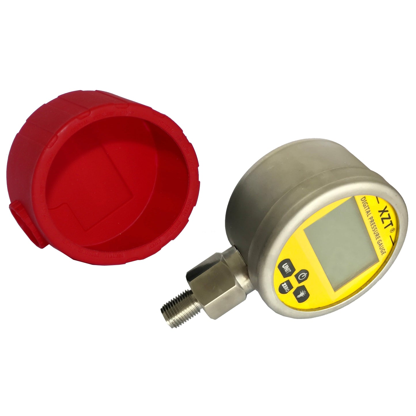 XZT 3.15" -1BAR/15 PSI~700BAR/10000 PSI Digital Hydraulic Pressure Gauge with Red Protector,1/4" NPT male connector -Base Entry, Pressure Manometer, Pressure Sensor Connector