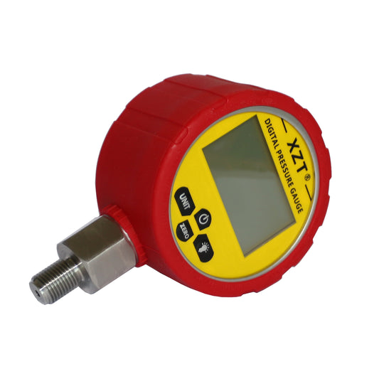 XZT 3.15" -1BAR/15 PSI~700BAR/10000 PSI Digital Hydraulic Pressure Gauge with Red Protector,1/4" NPT male connector -Base Entry, Pressure Manometer, Pressure Sensor Connector