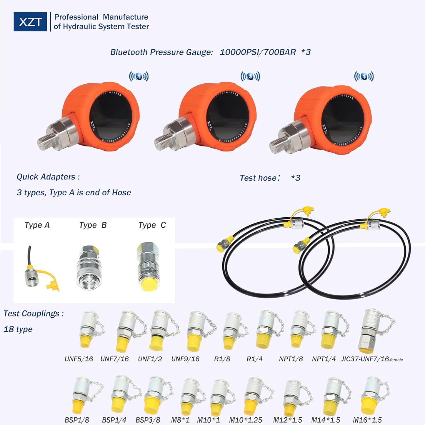 XZT 70PW Excavator Repair Tools,Bluetooth Digital Hydraulic Pressure Test Coupling Kit,Bluetooth Pressure Gauge Sensor