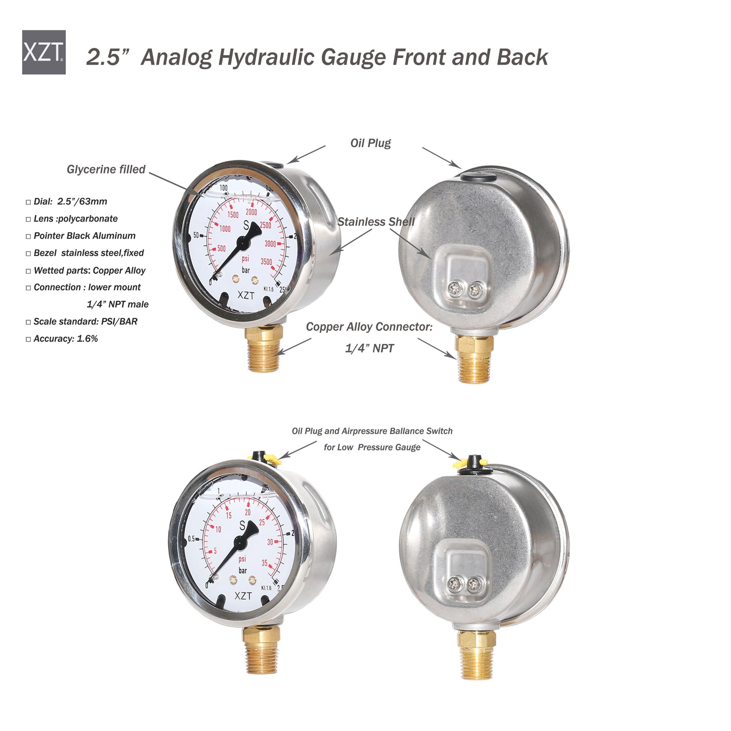 XZT 2.5"  Analog Hydraulic Pressure Gauge,Pressure Manometer, Vacuum Pressure Gauge with 1/4 Inch NPT Connector ,Base Entry