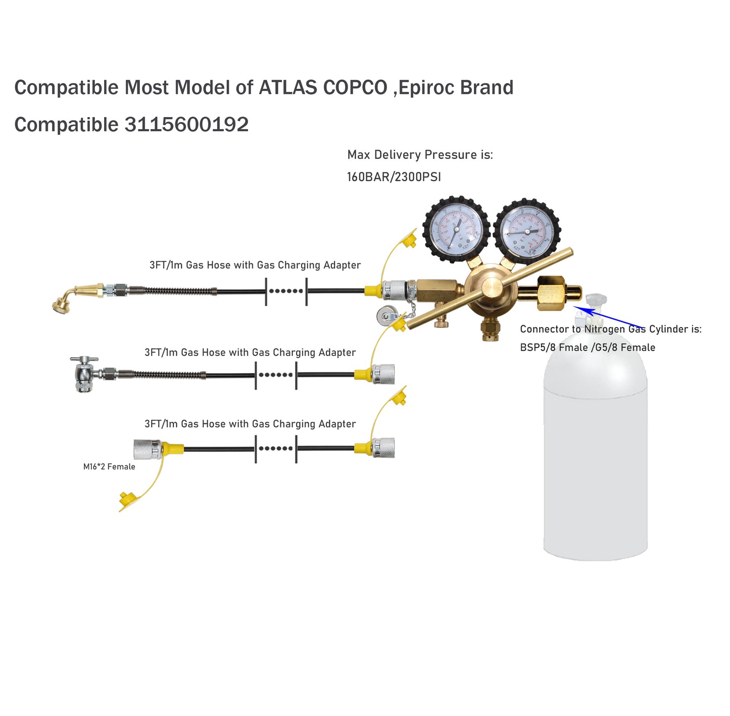XZT S4H-A Nitrogen Gas Charging Device Compatible 3115600192 Sandvik Atlas Copco Epiroc Epiroc, Nitrogen Gas Pressure Test kit,Nitrogen Regulator