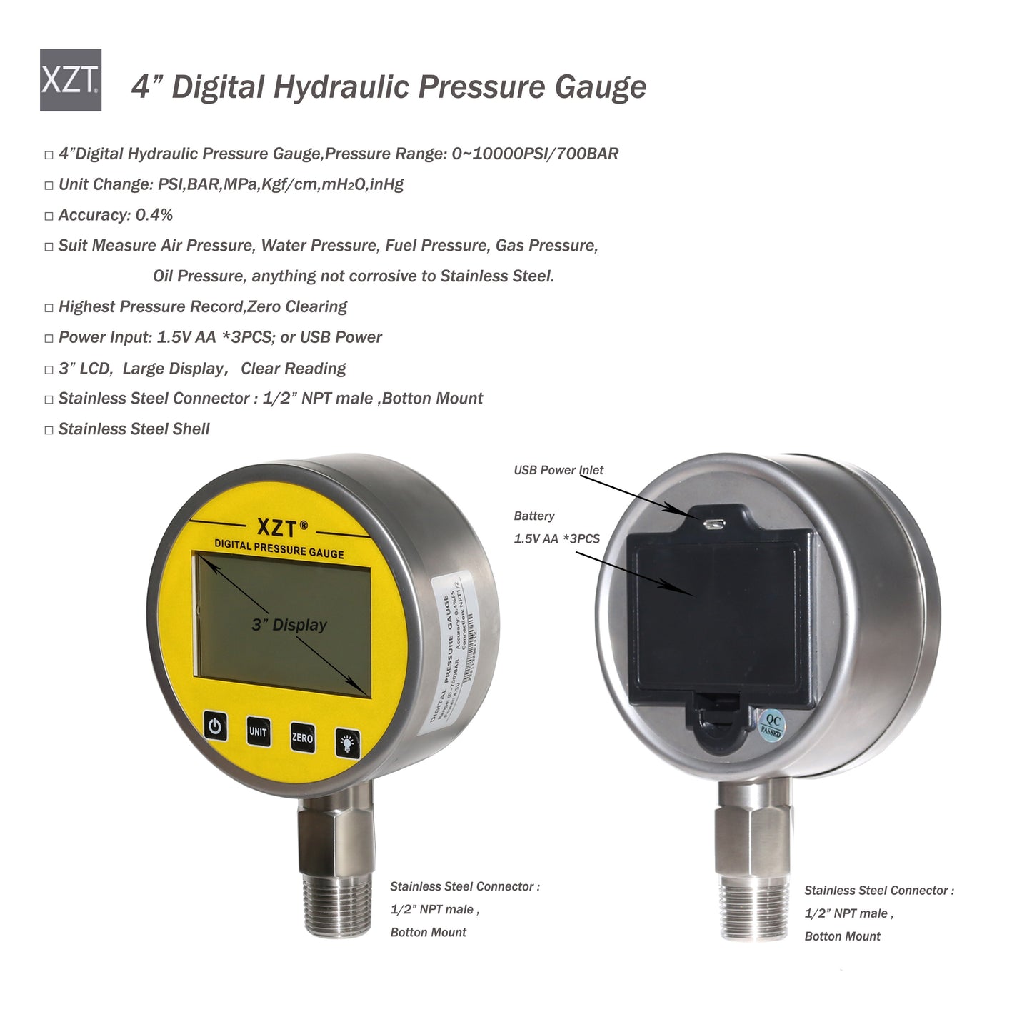 XZT 4" 0~700BAR/10000 PSI Digital Hydraulic Pressure Gauge with Black Protector,Pressure Manometer, Pressure Sensor Connector ,Base Entry
