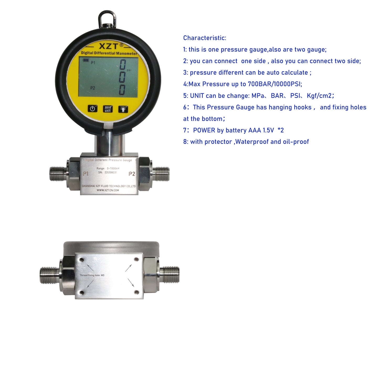 Free Shipping XZT 3.15" 0~700BAR/10000 PSI Digital Different Hydraulic Pressure Gauge with Red Protector,Pressure Manometer, Pressure Sensor Connector