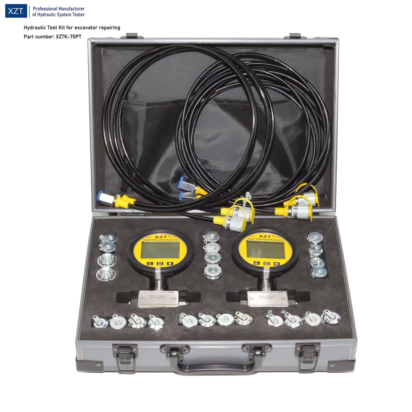 XZT 70PT Hydraulic Pressure Test Coupling Kit,Pressure gauges Set,Test Hose,digital pressure gauge for Repair Excavator Construction Machinery