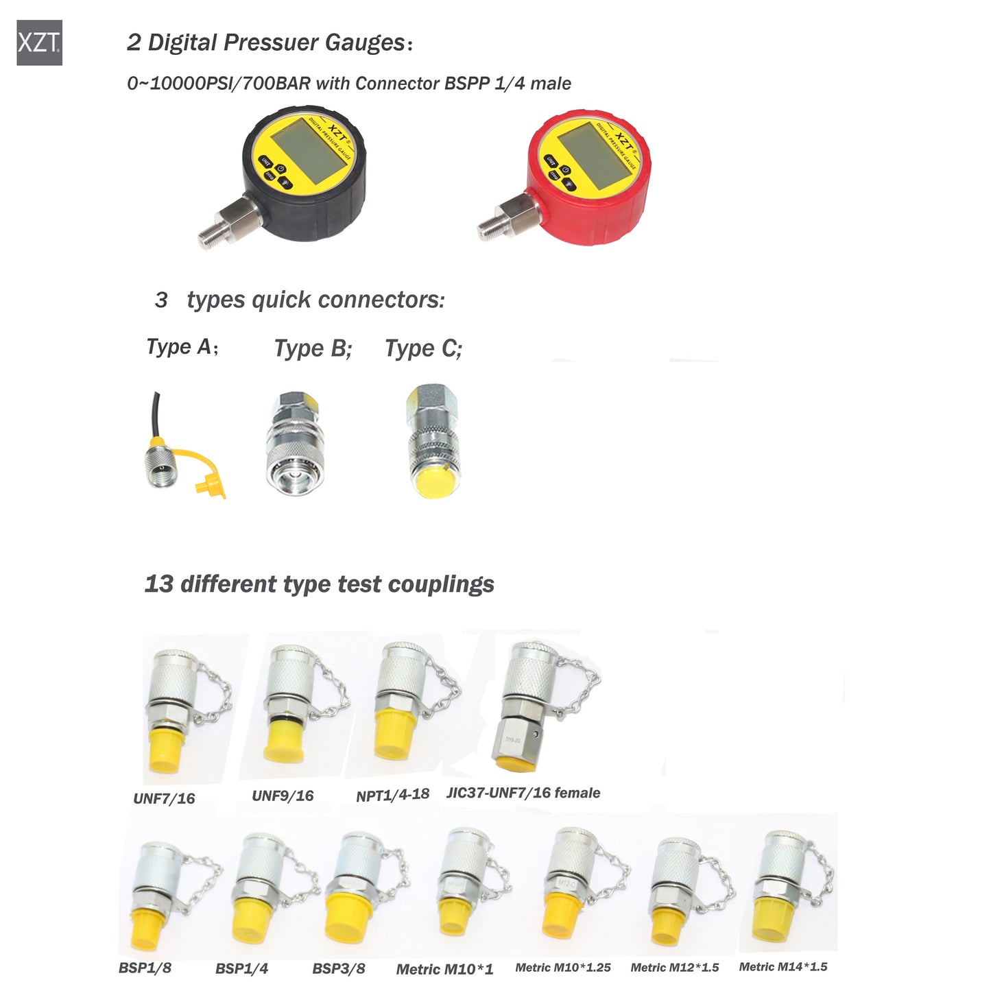 XZT 70K Digital Hydraulic Pressure Test Coupling Kit,Pressure Gauge,Test Hose,Test Point for Excavator Construction Machinery Repair