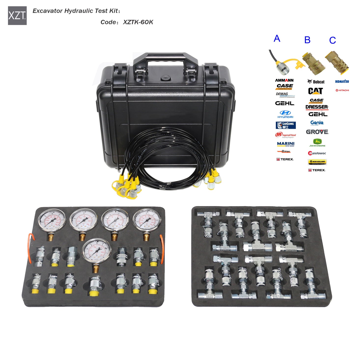 XZT 60K Digital Hydraulic Pressure Test Coupling Kit,Pressure Gauge,Test Hose,Test Point for Excavator Construction Machinery Repair