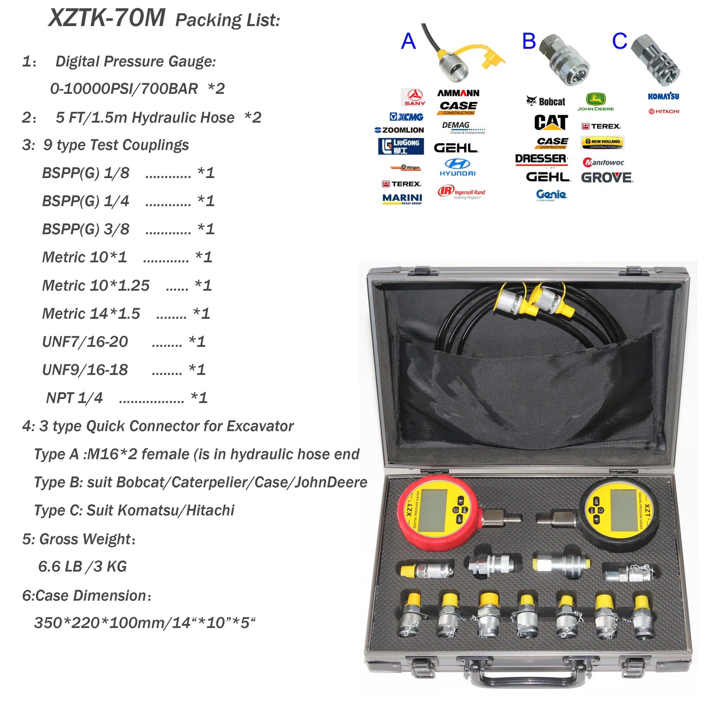 XZT 70M Hydraulic Pressure Test Coupling Kit,Pressure gauges Set,Test Hose,digital pressure gauge for Repair Excavator Construction Machinery